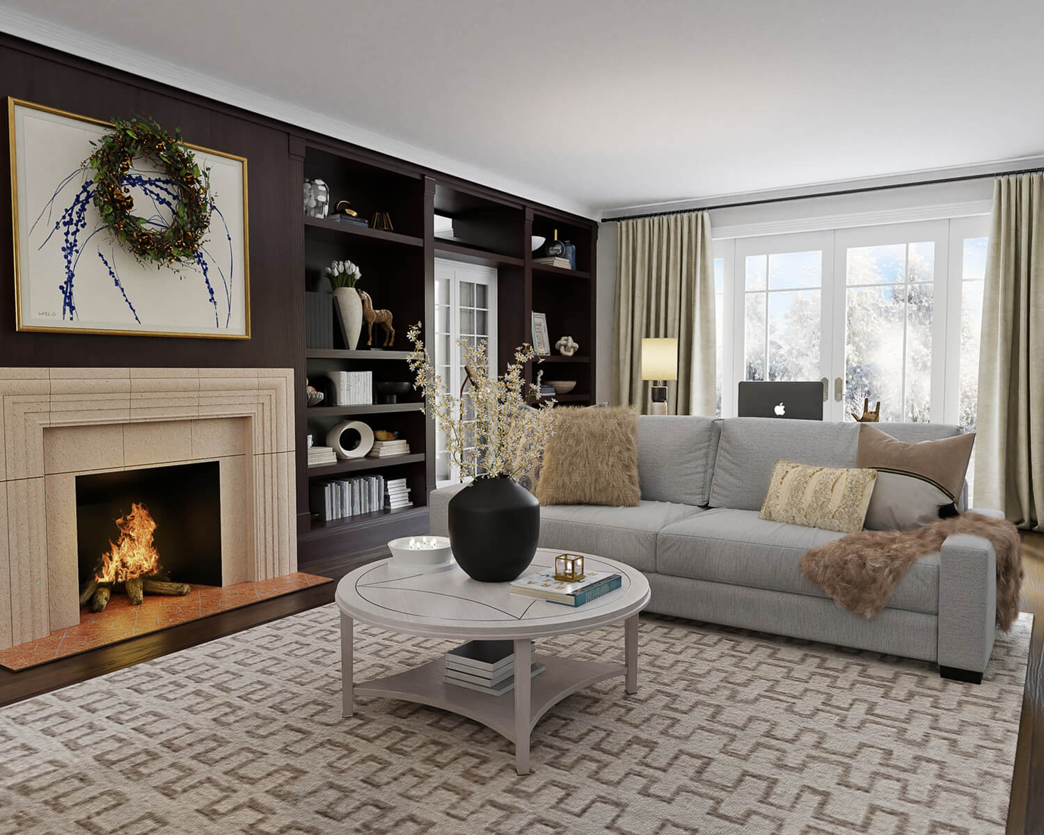 modern living room with lit fireplace
